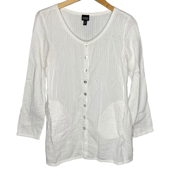Eileen Fisher button down tunic top white gauze cotton women’s size small - Picture 1 of 4